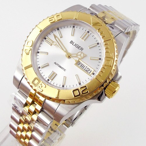 Gold Plated Day/Date Sapphire Mens Automatic Watch NH36 Silver Dial Jubilee Band - Picture 4 of 6