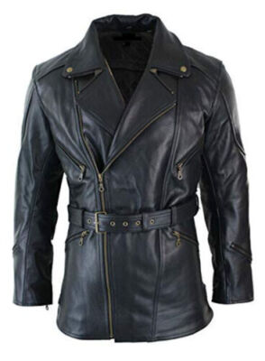 Mens Black 3/4 Motorcycle Biker Long Cow Leather Jacket/Coat