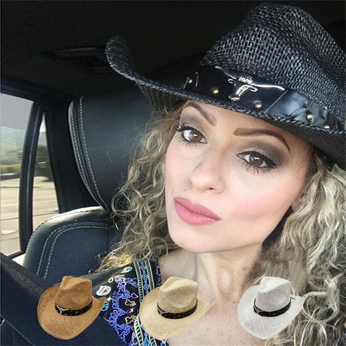 Sombrero de Vaquero de Paja para Mujer Hombre, Retro Ala Ancha Sombrero de Vaquera Occidental con Banda - Imagen 20 de 28