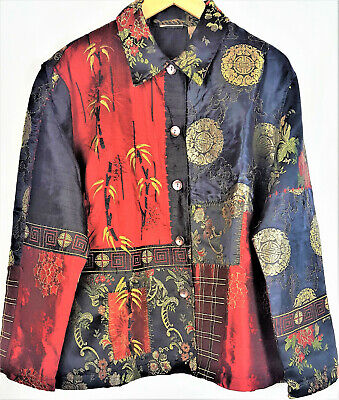Chico's Jacket Blazer Silk Blend Asian Black Red Embroidery Button 