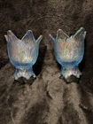 Fenton Blue Iridescent Glass Tulip Candleholders Pair: 2 Way Taper or Votive Use