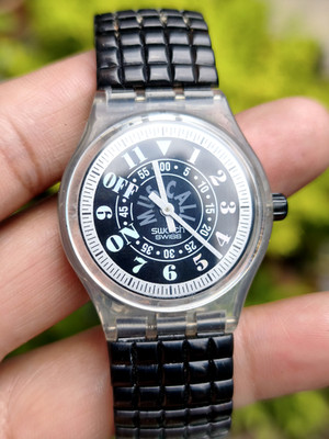 Vintage 1994 Swatch Musical Quartz Watch Black Dial USA Stretch Band Swiss Made