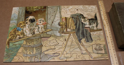 Leisure Hour Antique Wooden Jigsaw Puzzle ''Look Pleasant Please'' Cats and Dogs
