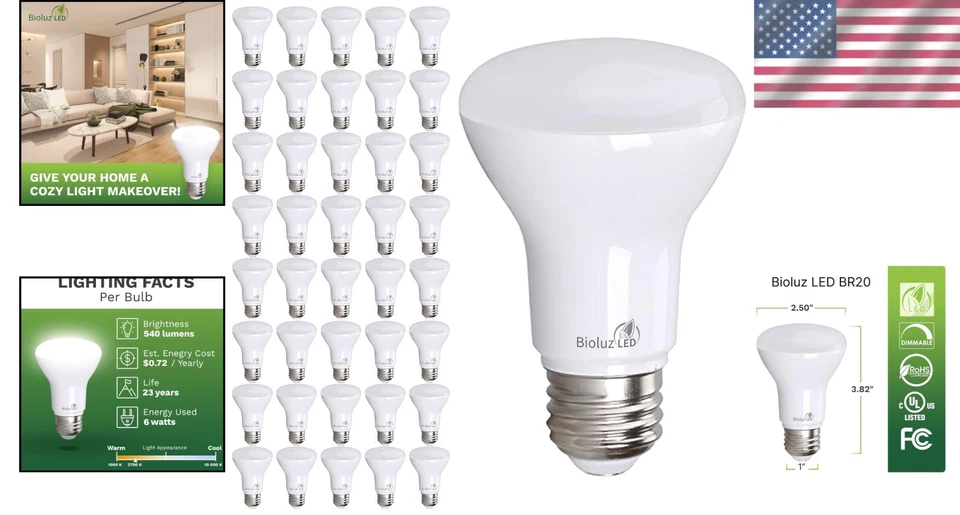 40 Pack Warm White Dimmable BR20 LED Bulbs - Instant On, Lightweight & Efficient - Image 2 of 4
