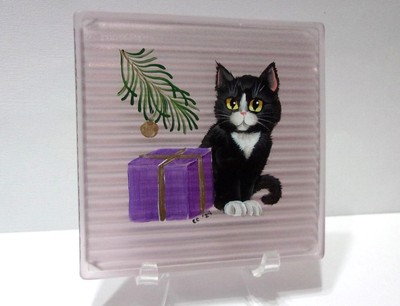 Mosser Glass HP Tile Christmas Kitty Cat by Former Fenton Artist CC Hardman