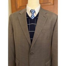 Chaps Windowpane Sport Coat Mens 46L Brown Wool Two-Button Blazer Jacket