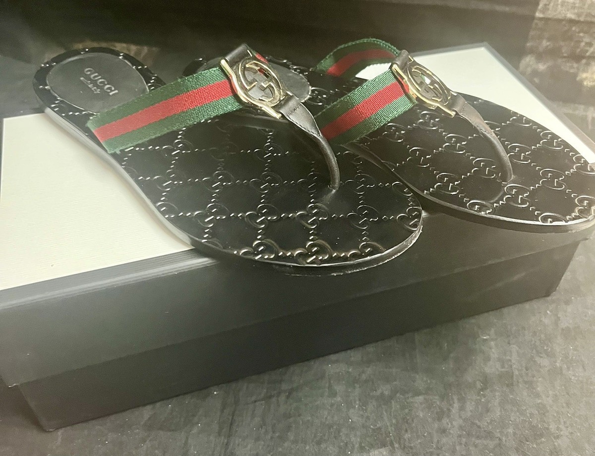 Gucci GG Black Thong Guccissima Sandals Logo Monogram Flip Flop W