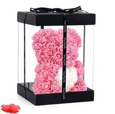 Rose Bear Pink 10in Rose Flower Bear Over 250 Flowers Clear Gift Box