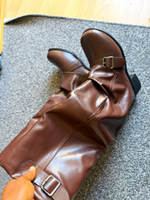 Women’s Brown Knee High Riding Boots Faux Leather Low Heel Buckle