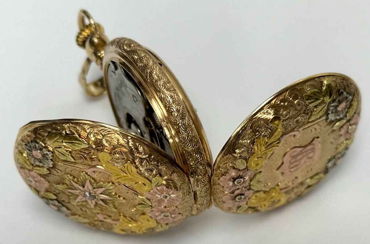 ELGIN Antique Solid 14K Gold & Diamond Hunter Case Ladies  display picture 1