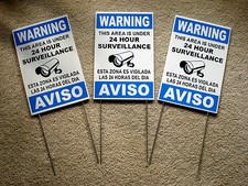 3 Security Video Surveillance Warning Signs 8x12 Spanish English w/Stakes blue