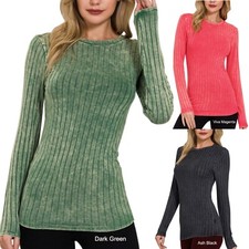 ZENANA 8464 Knit Long Sleeve Top Mottled Multi-Hue Vertical Stripes Acid Wash