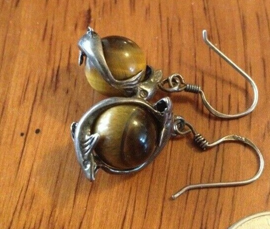 Sterling Silver Dolphins & Tiger Eye Floating Ball Earrings Set
