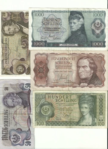 Banknotenserie 1000 500 100 50 20 Schilling 1965 - 1970 gebraucht Eiamaya