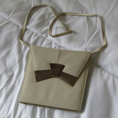 Vintage Bally Coordinates Schultertasche Elfenbein Gold Schleife Leder Umschlag Medium