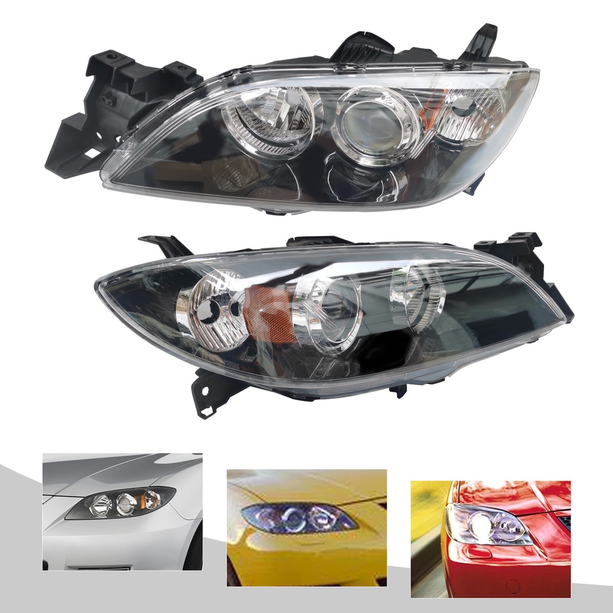 Black Halogen Projector Headlights For 2004-2009 Mazda 3 Sedan – Left & Right Pair, Direct Replacement