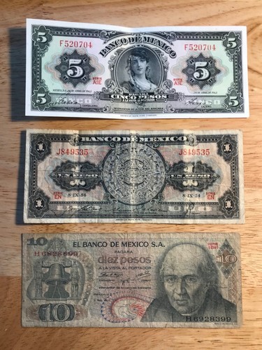 3 Mexican Notes - 1963 5 Pesos, 1954 1 Peso & 1971 10 Pesos - Various Conditions