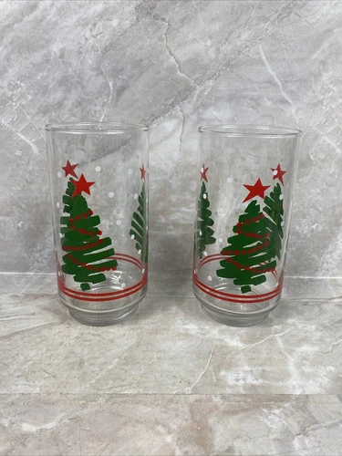 Vintage Set of 2 LIBBEY CHRISTMAS GLASSES Trees With Red Garland And Star