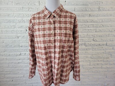 CST Sport Womens Shirt 2X Plus Long Sleeve Red Brown Plaid Cotton Button Up