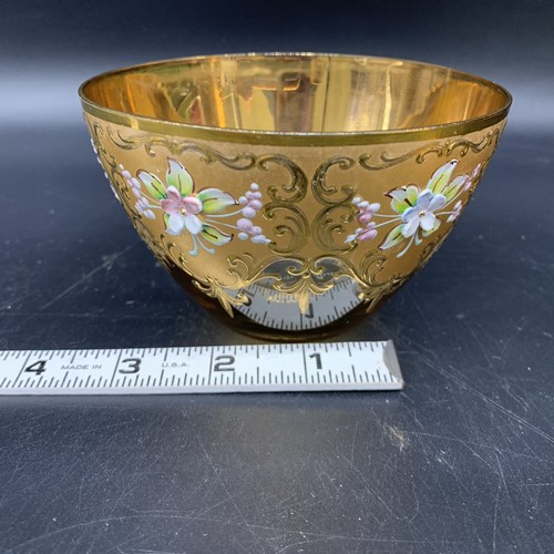 4 pc. VTG Czech Bohemian Gold Crystal w/ Applied Flowers - Goblets, Plate & Bowl - Picture 20 of 22