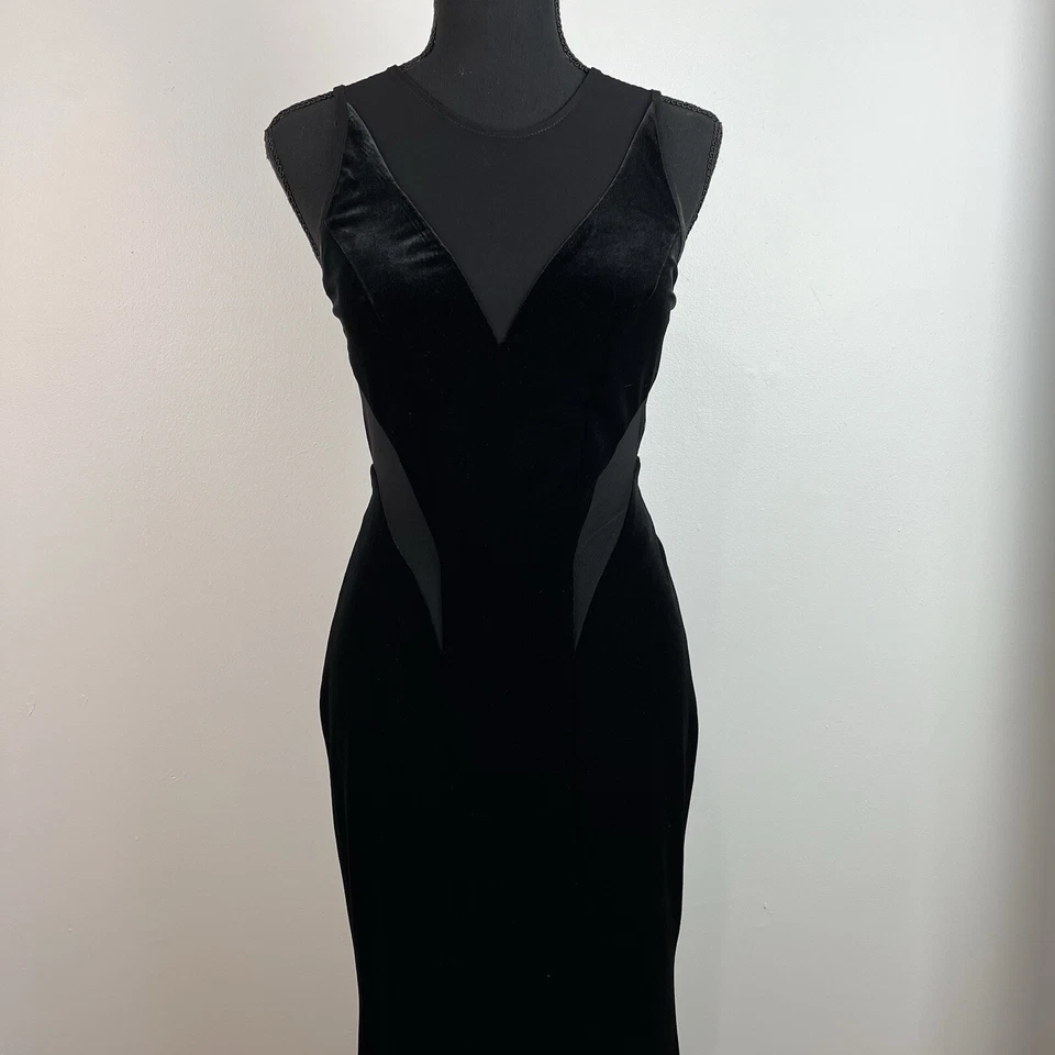 Vestido Formal De Colección Betsy & Adam Terciopelo Negro Talla 2 Corte Transparente Antiguo Hollywood Foto 3 de 4
