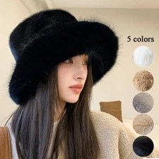 Faux Fur Plush Fisherman Hat Women Winter Warm Bucket Cap Soft Fluffy Pom Pom