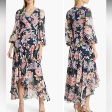 Eliza J Floral Long Sleeve High-Low Faux Wrap Dress