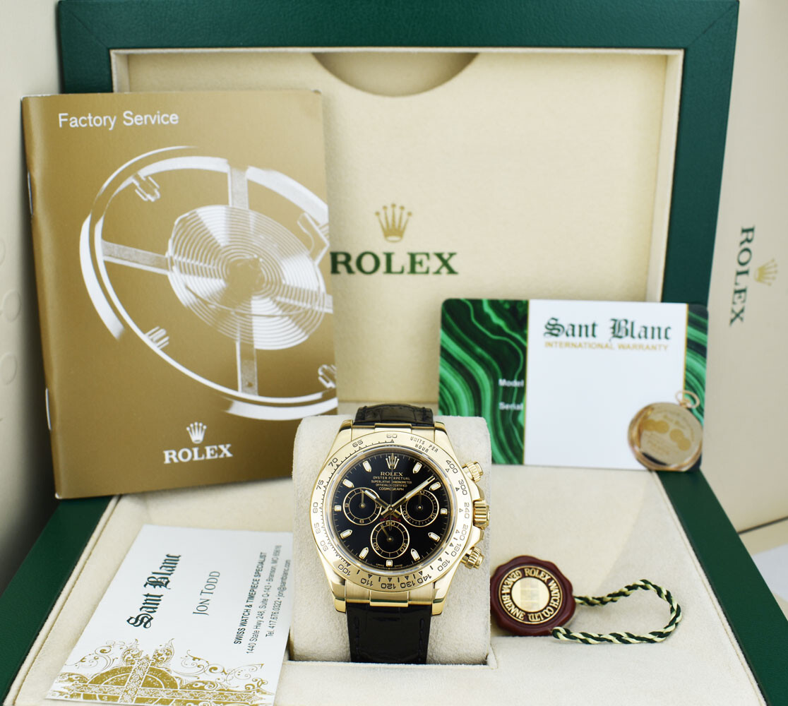 ROLEX 40mm 18kt Gold DAYTONA Patent Black Strap Black Index 116518 - SANT BLANC