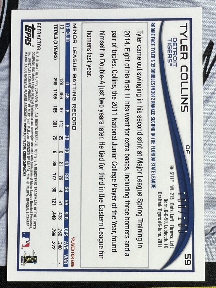 2014 Topps Chrome Tyler Collins Black Refractor Rookie Autograph 100/ ...