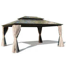 16x12ft Hardtop Gazebo Double Roof Canopy W/Curtains and Netting