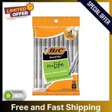 BIC Round Stic Xtra Life Black Ballpoint Pens, Medium Point (1.0mm), 10-Count !!