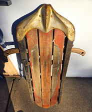 Vintage Wooden Sled with Metal Runners, Brown/Silver Wood  Metal