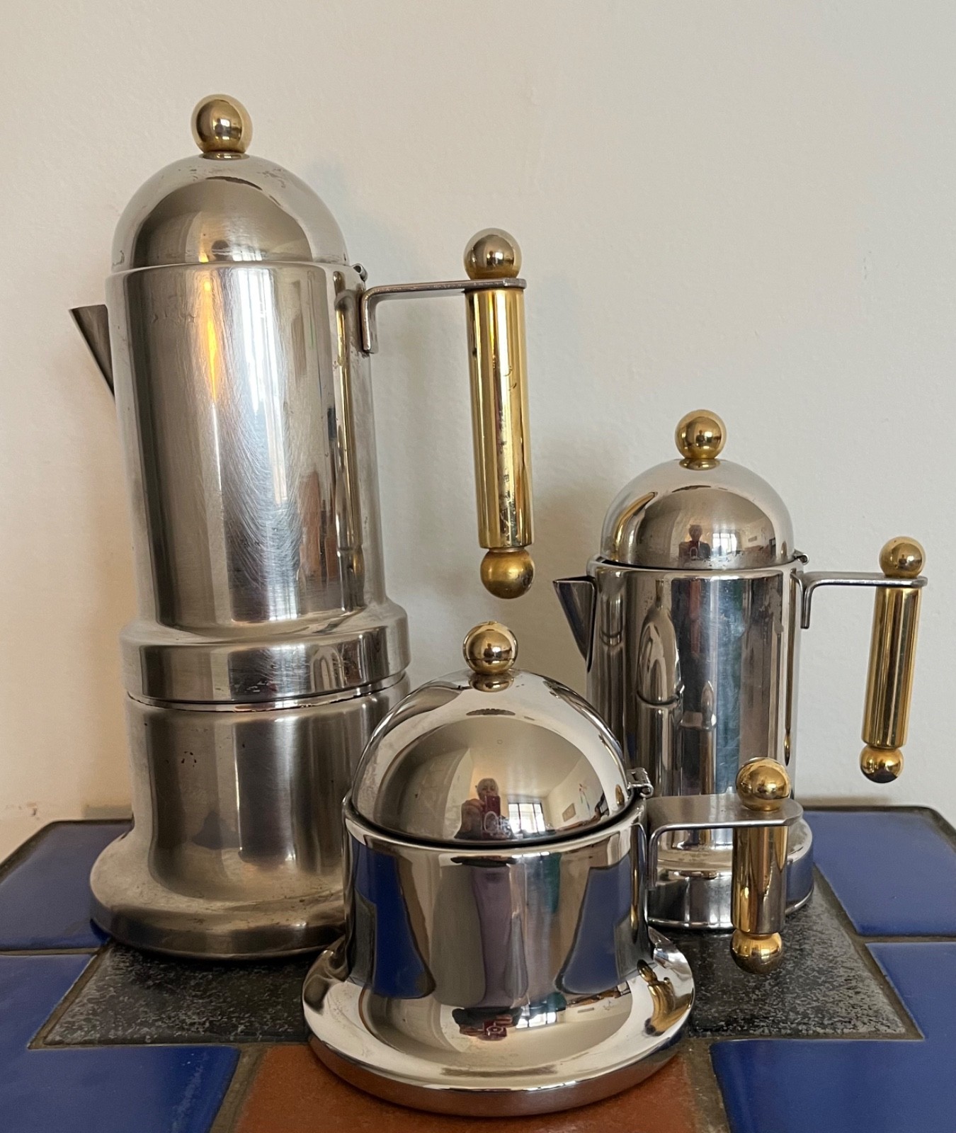 Vtg Vev Vigano Kontessa Espresso Moka Set Pot Sugar Creamer Gold Plate Italy