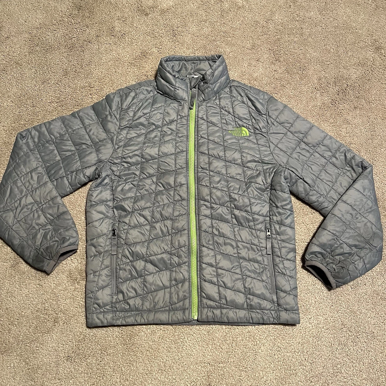 The North Face Boy’s Full Zip Puffer Jacket Size Medium 10/12 Grey Gray & Green
