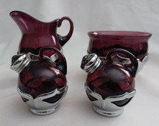 Farber Bros Cambridge Amethyst Glass Chrome Creamer Sugar Salt Pepper Vintage