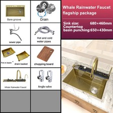 Bosx Stainless Steel Waterfall Kitchen Sink Single Bowl with Digital Faucet Gold