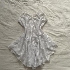 Vintage Cream White Sheer Chiffon Jacquard Babydoll Slip Dress
