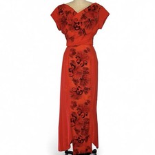 VTG Hawaiian Togs 50s 60s Maxi Dress Aloha Tropical Tiki Luau Red Floral Wrap