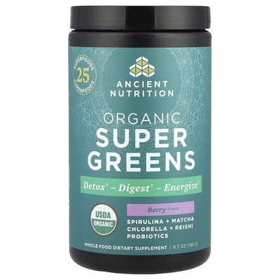 2 X Ancient Nutrition, Organic Super Greens, Berry, 6.7 oz (189 g)-Worldwide