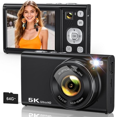 5K 96MP Vlogging Camera 6X Zoom Autofocus Dual Lens w/ 64GB