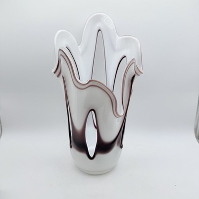 Vintage Krosno Polish Art Glass Vase White Purple Open Loops Wavy Rim ~14 
