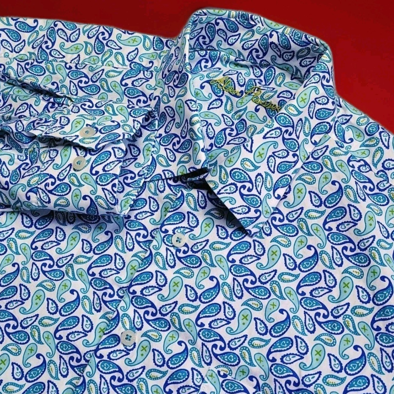 Alan Flusser Mens Paisley Colorful Print Button Down Shirt White Blue Size L
