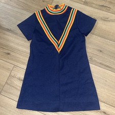 Vintage Girls Dress Rainbow Trim Blue Polyester Knit 1970  s Groovy Retro Size 5