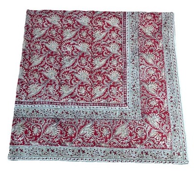 Crate and Barrel Kalamkari Tablecloth Boho Chic 60x60 Cotton Burgundy Cream