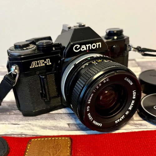 Canon AE-1 SLR 35mm Film Camera Black w/ Canon Lens FD 28mm F2.8 s.c. From Japan