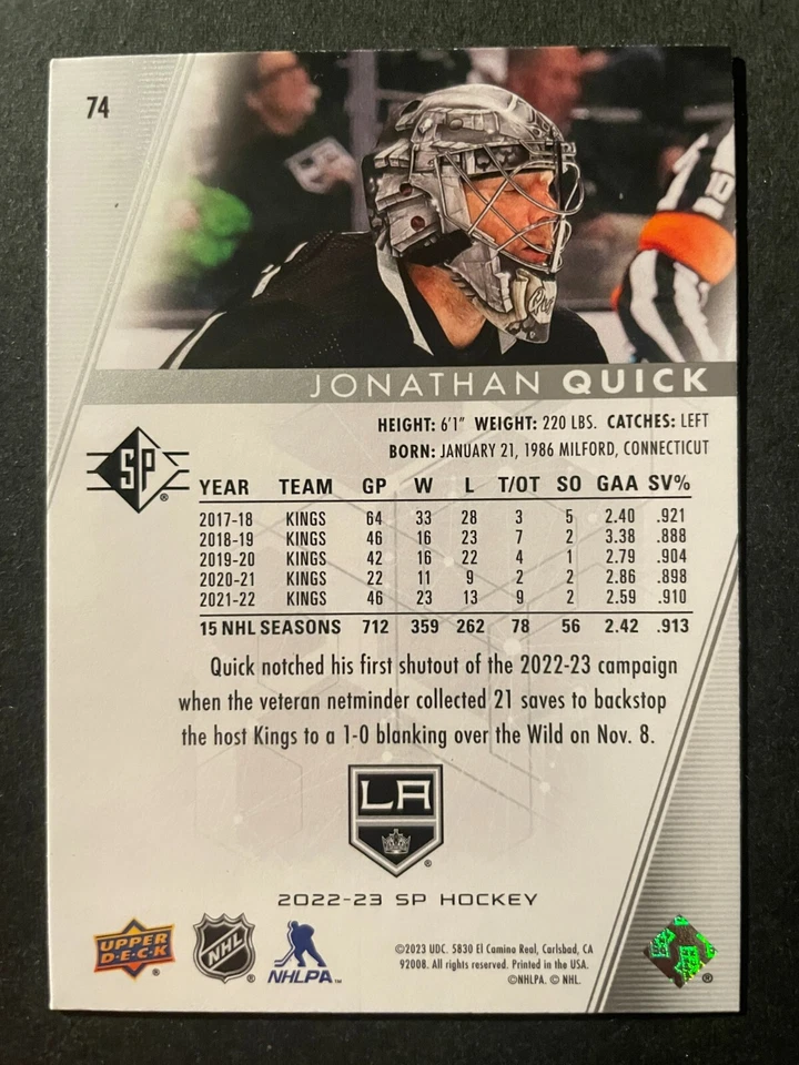 Jonathan QUICK 2022-23 Upper Deck SP Authentic Hockey #74 Los Angeles Kings - Image 2 of 2