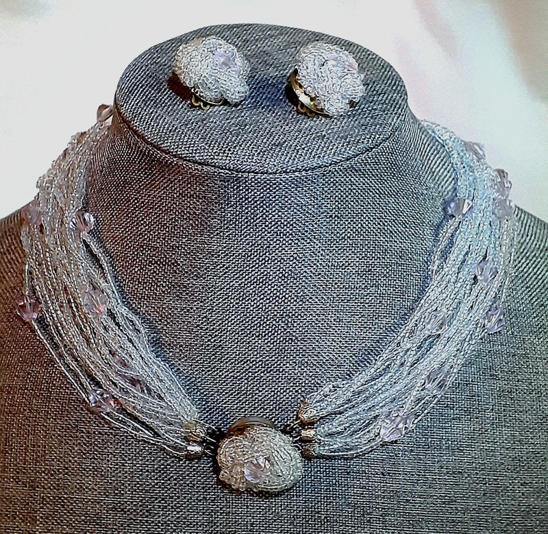 Japanese Glass Seed & Bicone Crystal Necklace and Earrings Vintage