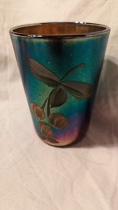 Vintage Fenton Blue Enameled Cherries Carnival Glass 4" Tumbler
