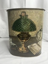 Vintage Mid-Century J L CLARK Trash Can Metal Wastebasket-Lamp, Clock, Book, Pen