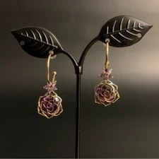 Gold Tone Lavender Purple Cubic Zirconia Dainty Rose Flower Dangle Hoop Earrings